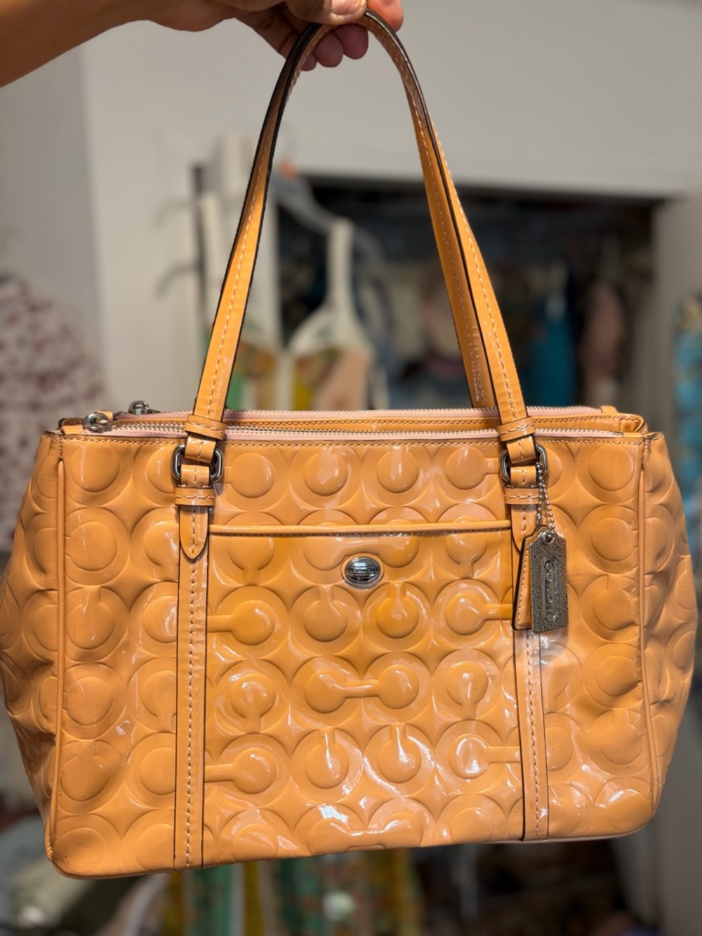 Coach Glossy NDH1281-F20441 Coral Orange Patent Embossed Tote Shoulder Bag
